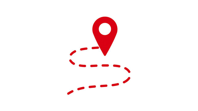 Red location pin marker with dashed red line route, isolated on transparent background