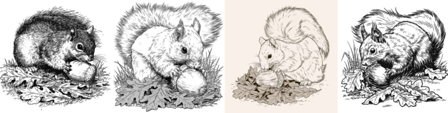 A detailed forest squirrel digs under autumn oak leaves, showcasing bold black outlines against a pure white background in clean line art