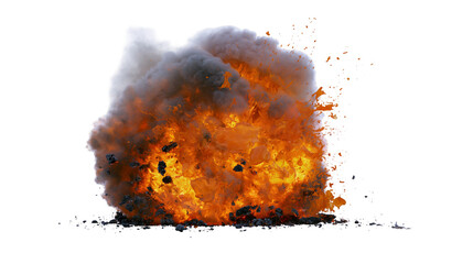 Intense fiery explosion with dark smoke and debris, isolated on transparent background © Nina