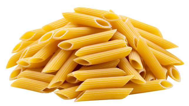Pile of dry penne rigate pasta tubes, isolated on transparent background