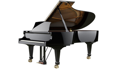 Glossy black grand piano with open lid and brass casters, isolated on transparent background © Emilia