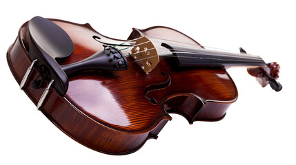 Obraz premium Polished wooden violin with black chin rest and strings, isolated on transparent background