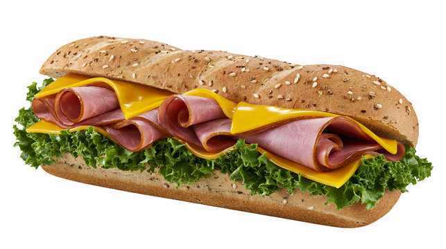 Hearty whole wheat sub sandwich with ham cheese and lettuce, isolated on transparent background