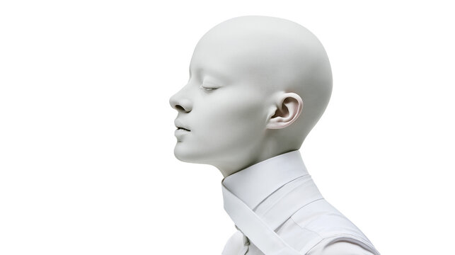 Pale white mannequin head with closed eyes and white collar, isolated on transparent background