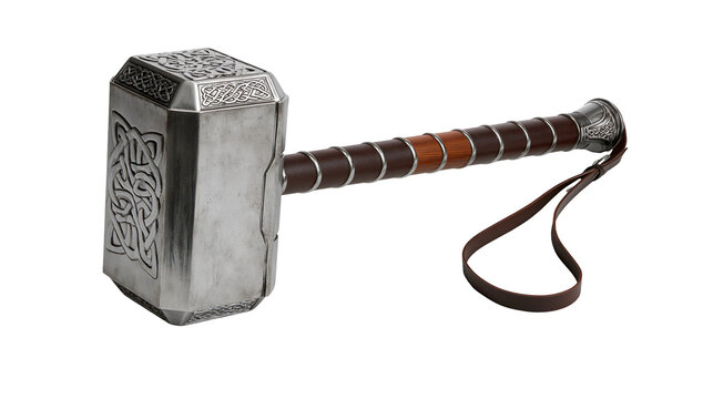 Ornate metal hammer with leather wrapped handle and strap, isolated on transparent background