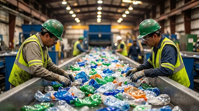 Two men in hard hats and vests sort plastic bottles on a conveyor belt at a recycling center, focused on their hands and the materials.