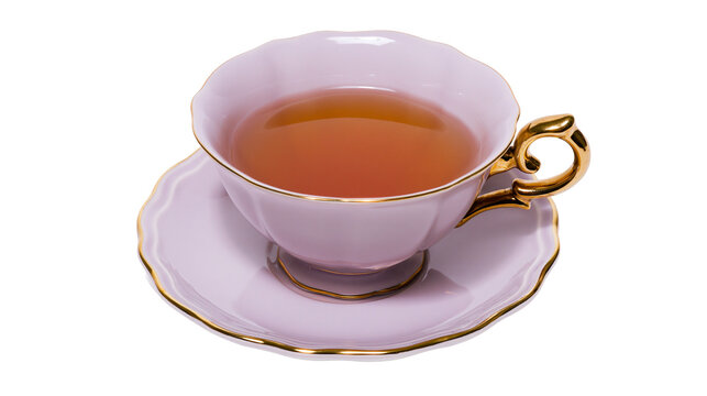 Lilac teacup with golden handle filled with amber tea, isolated on transparent background