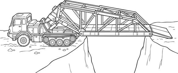 Fototapeta premium Military Bridging Vehicle Deploying Mobile Bridge Line Art