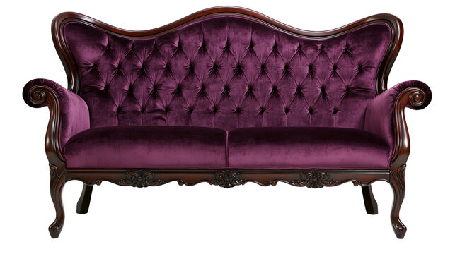 Ornate tufted velvet sofa with carved wooden frame, isolated on transparent background