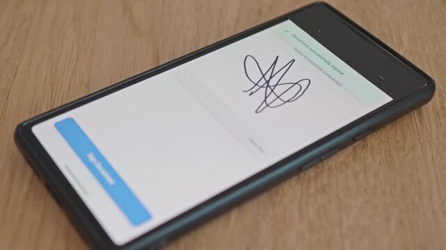 A concept for digitalizing document management, saving paper and wood. Person using mobile phone screen to sign legal document with electronic signature