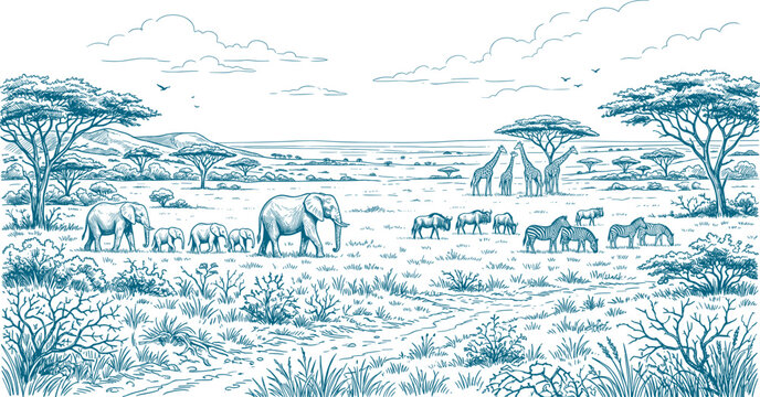 Panoramic african savanna line drawing showing herds of elephants zebras and giraffes grazing