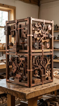 Intricate wooden mechanical model with gears and levers, showcasing craftsmanship and design