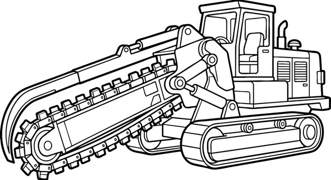 Heavy Duty Chain Trencher Machine Vector Line Art Illustration