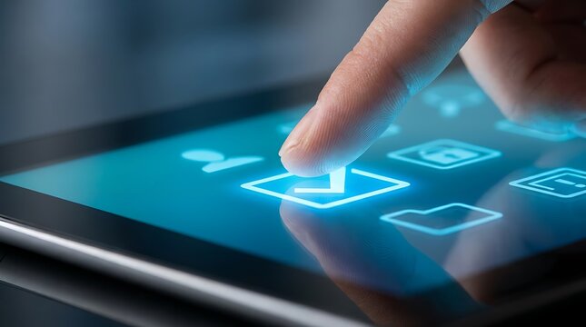 Close up of finger pressing checkmark button on touch screen interface, confirming selection or approval, modern digital application user interaction.
