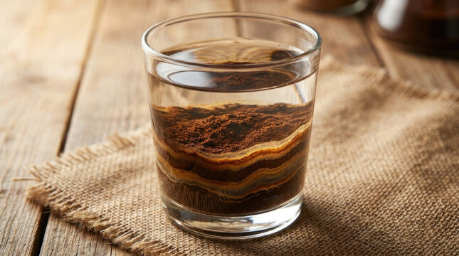 Coffee grounds settling water creates layered effect glass. rich colors and textures evoke sense