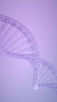 Abstract animation of a dna double helix made of glittering particles. The purple molecule structure gently rotates against a gradient background