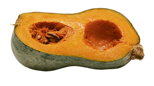 Half of a ripe kabocha squash with visible seeds and stringy pulp, isolated on transparent background