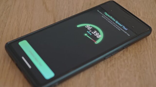 Concept of future hyper-speed mobile internet. Futuristic mobile UI design concept of quantum network bandwidth speed test meter