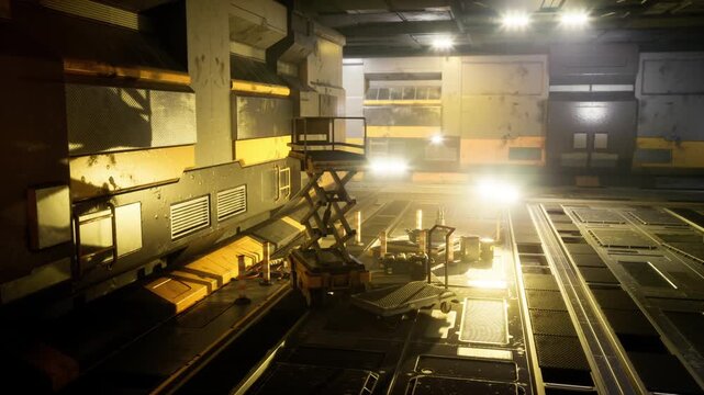 Robotic assembly hub under amber lighting, articulated arms building components, conveyor tracks, control panels, sparks and welds, high contrast highlights,