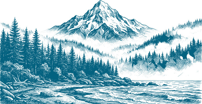 Scenic blue ink sketch of a massive mountain peak rising above pine forests