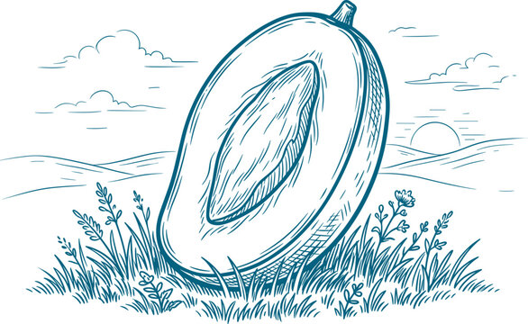Sliced avocado half standing in a grassy meadow with a sunset background