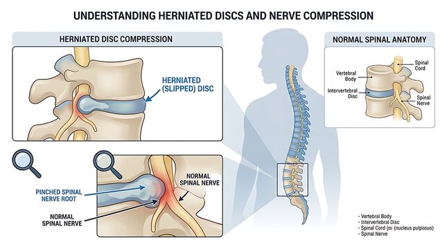 Medical diagram explaining herniated discs and spinal nerve compression
