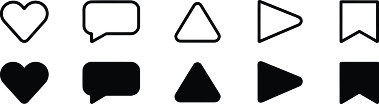 Social media icon featuring like, comment, share, and save symbols with heart, speech bubble, paper plane, and bookmark, vector.