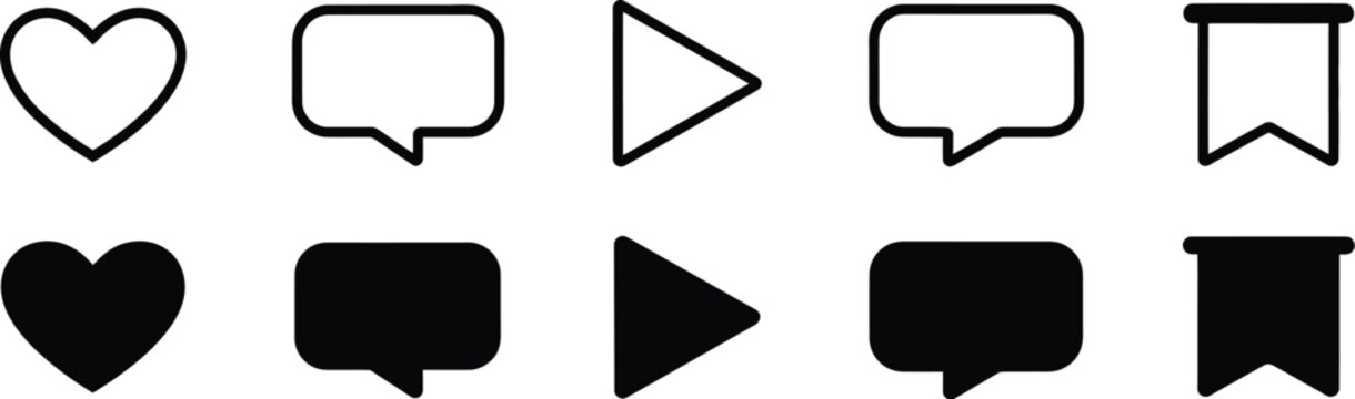 Social media icon featuring like, comment, share, and save symbols with heart, speech bubble, paper plane, and bookmark, vector.