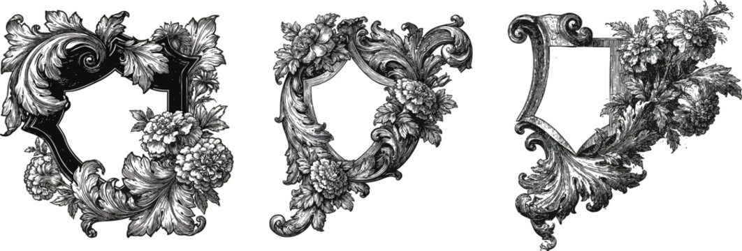 This intricate crest-style design features corner scrollwork with a shield silhouette framed by baroque acanthus foliage and blooming marigolds, rendered in high-contrast black and white line art on