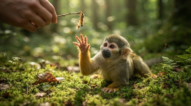 Squirrel monkey reaching for insect on a stick