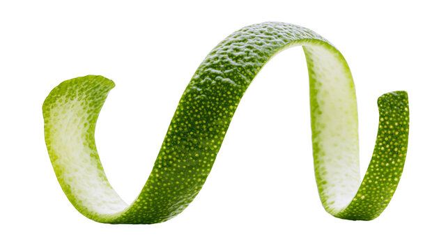 Green lime zest spiral peel textured and fresh, isolated on transparent background