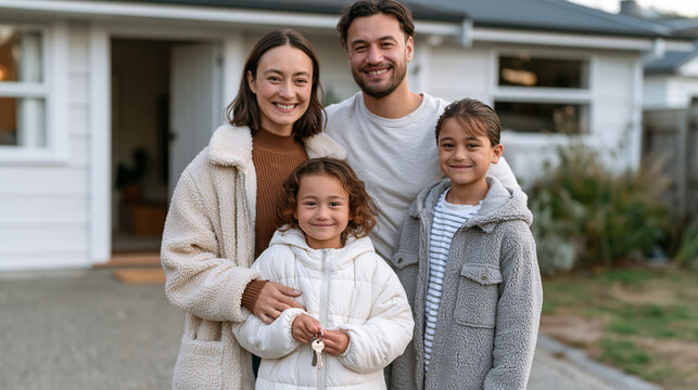 Maori family of three standing on a driveway holding house keys for the very first time, front door open behind them, emotional joy, modest suburban home, autumn midday light,