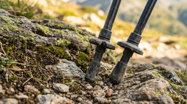 Trekking pole tips resting on rocky trail, showcasing nature beauty and adventure spirit