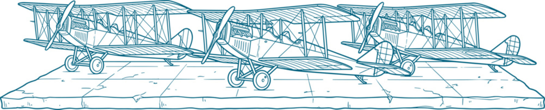 Three vintage biplanes parked on concrete runway in teal ink engraving