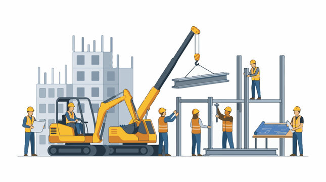 Construction crew works on building crane lifts steel beam