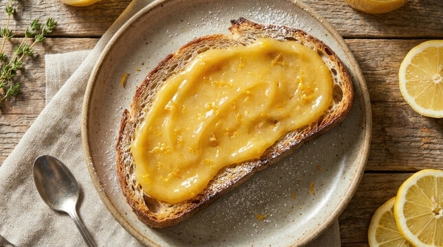 Lemon curd spread on toast with rustic appearance, garnished with lemon zest