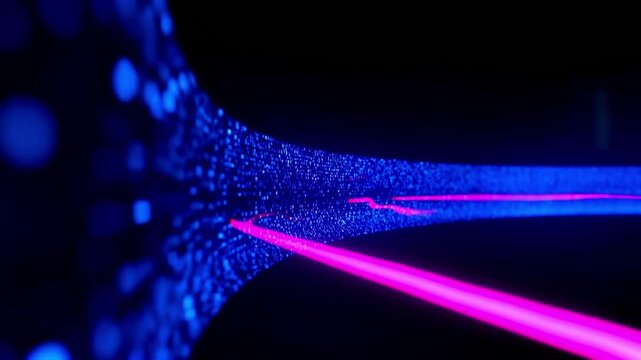 Abstract digital data stream background with glowing blue nodes and pink light trails representing high-speed information technology and network connectivity.