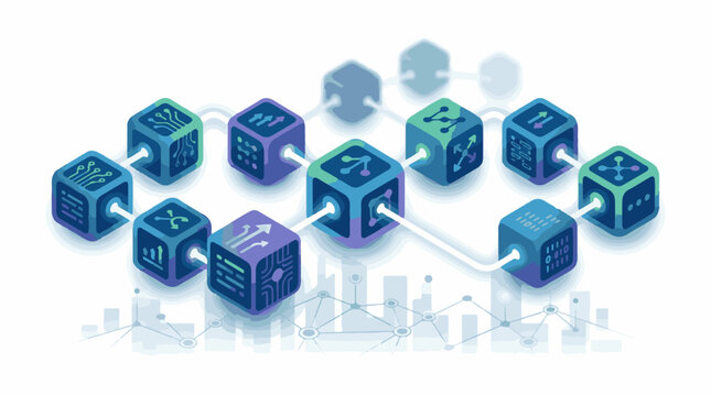 Abstract digital cubes form interconnected network over abstract city grid