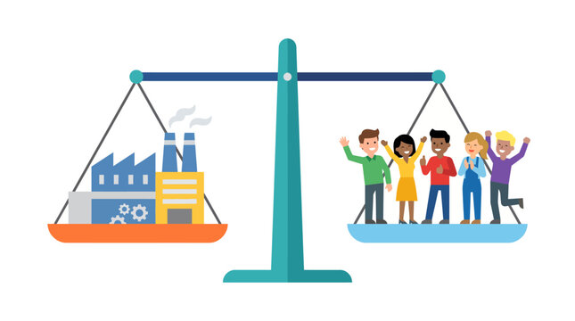 Scales balancing industrial manufacturing factory and human wellbeing
