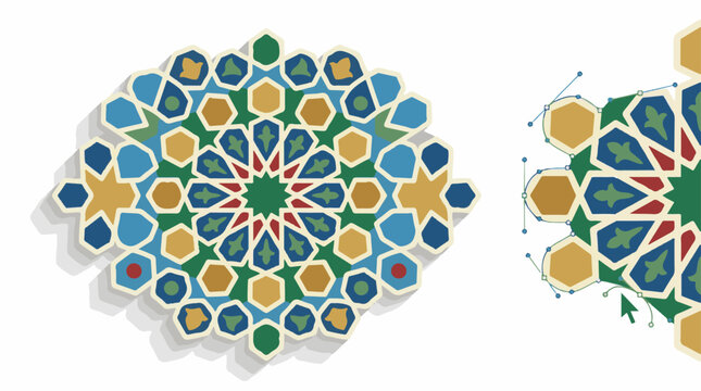 Intricate geometric mosaic design with vector editing tools visible