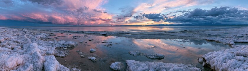 Fototapeta premium Expansive salt flat landscape with crystalline textures at sunset