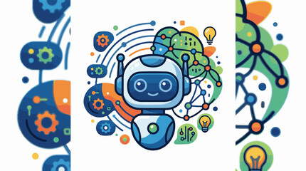 Fototapeta premium Friendly cartoon robot with brain gears lightbulbs and circuitry