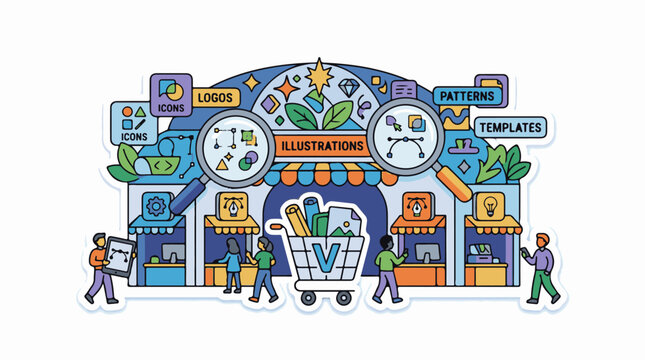 Graphic design marketplace concept with icons logos illustrations
