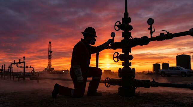 Oil and Gas Worker Inspecting Wellhead Equipment at Sunset