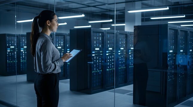 Woman in server room, data center worker, IT professional, technology infrastructure