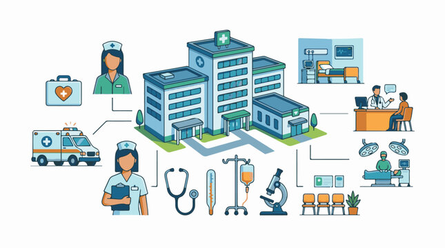 Medical illustration of a hospital with services including ambulance doctor nurses surgery