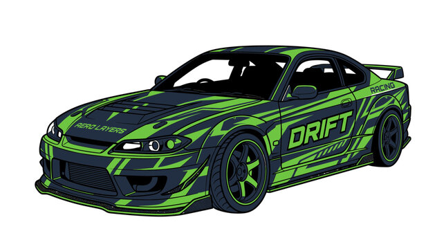 Green and black drift racing car.