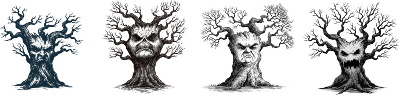 A menacing old tree with a grumpy face carved into its trunk stands starkly against a white background in bold black line art