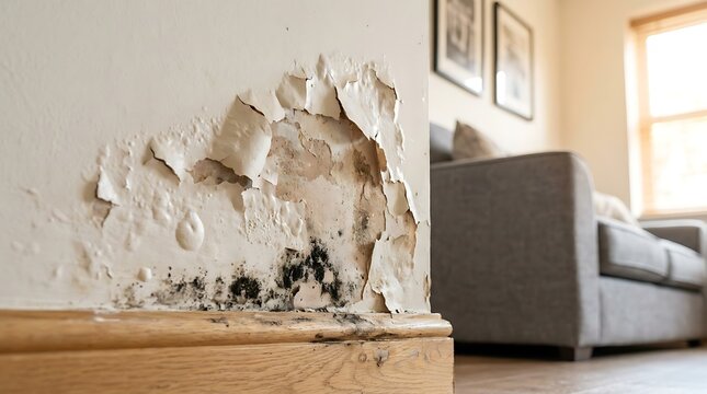Mold and peeling paint on interior wall near baseboard indicating dampness and water damage in a room with sofa and window background.