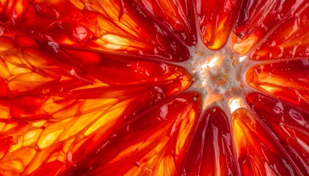Macro Background of a Ripe Blood Orange Slice with Vibrant Red Pulp and Translucent Juice Sacs